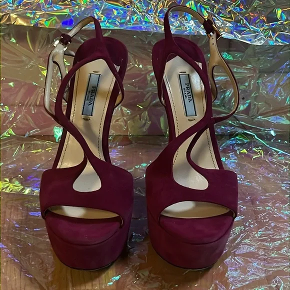 ‼️AUTHENTIC‼️PRADA Suede Magenta Open Toe Wedges 38.5